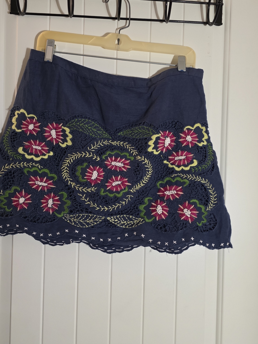 Anthropologie Navy Mini Skirt with Pink & Green Floral Embroidery